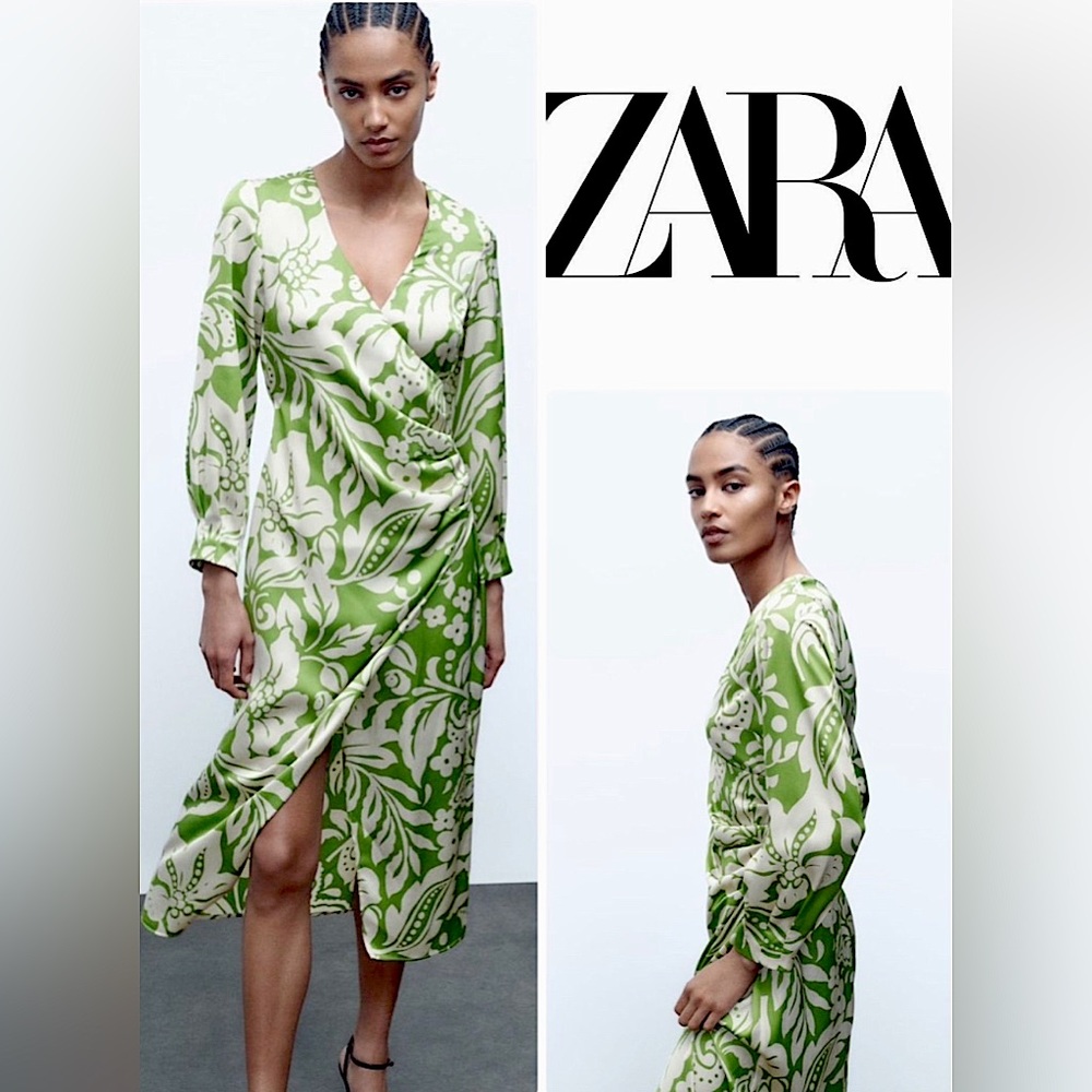 Zara Green & White MIDI Wrap Dress